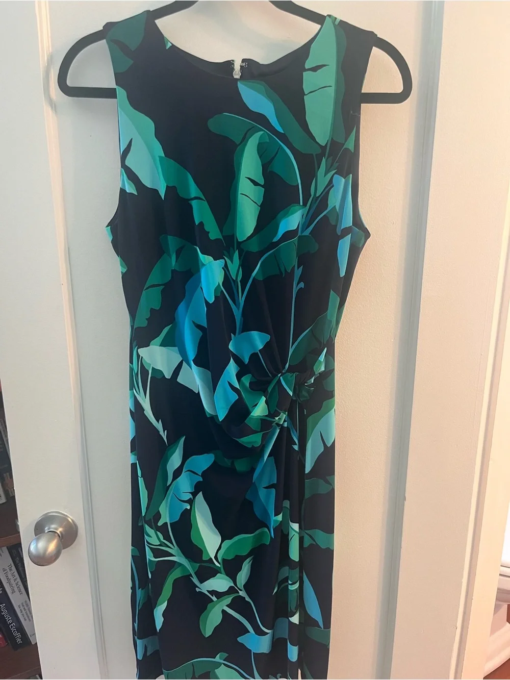 Tommy Hilfiger Sleeveless Leaf-Print Midi Dress in Teal and Black